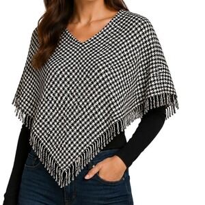 Lord & Taylor Black And White Houndstooth Fringe Poncho Cape‎